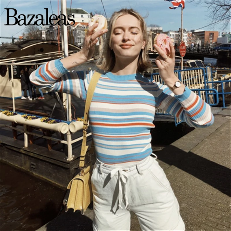 Базовая водолазка Bazaleas с длинным рукавом синий цветной свитер в полоску