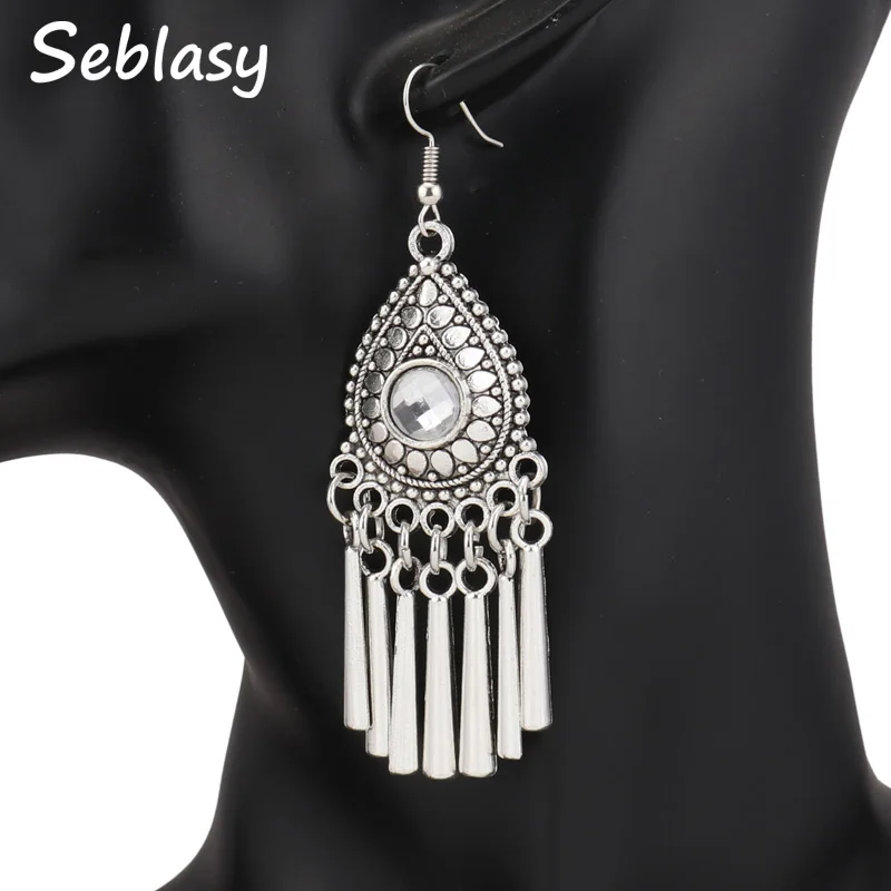 Seblasy New Vintage Tribal Jewelry Long Statement Hollow Crystal Water Droplet Dangle Earrings Stripe Tassel Drop Women | Украшения и