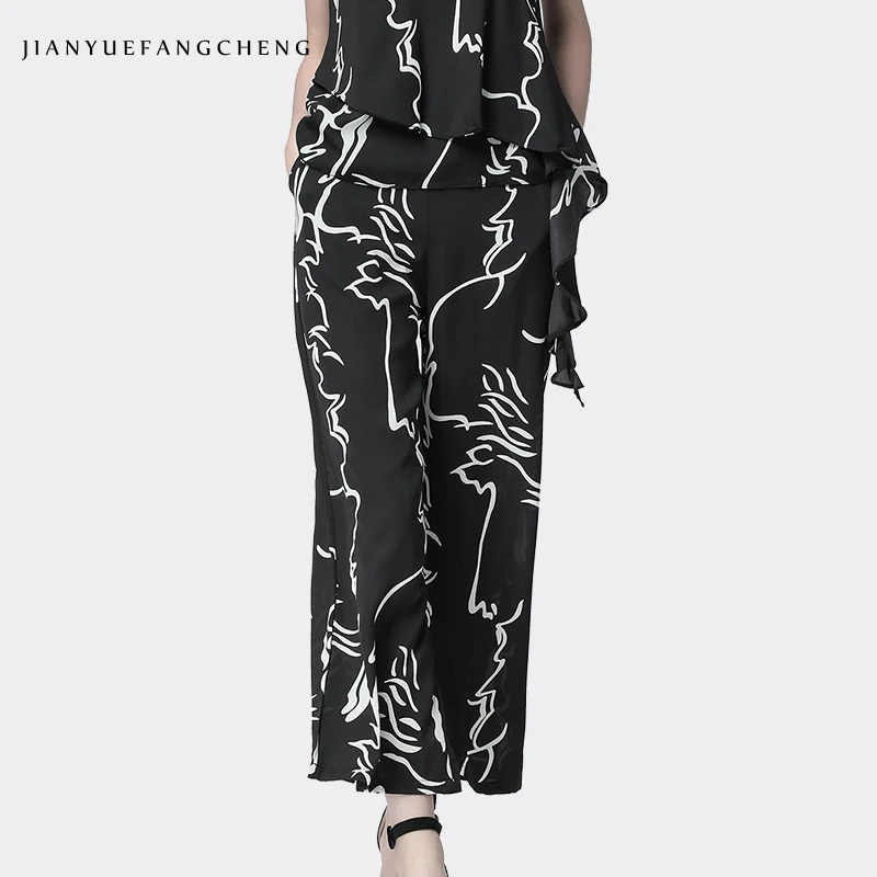 

Women Summer Suits Two Pieces Set Fashion Irregular Printed Tank Top + High Waist Wide Leg Pants Women Ladies Casual Suit