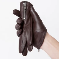 mens genuine leather gloves fashion classic short side zipper style real sheepskin black touch screen winter warm