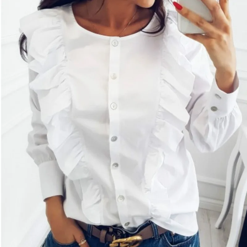 Белая шифоновая блузка с круглым вырезом и оборками женские элегантные топы на