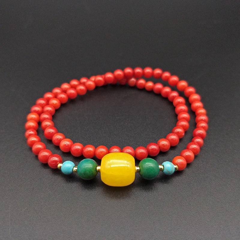 Shuangsheng 2019 new 5mm red coral 2 layer bracelet Natural stone and yellow natural beaded bohemian ethnic style religion |