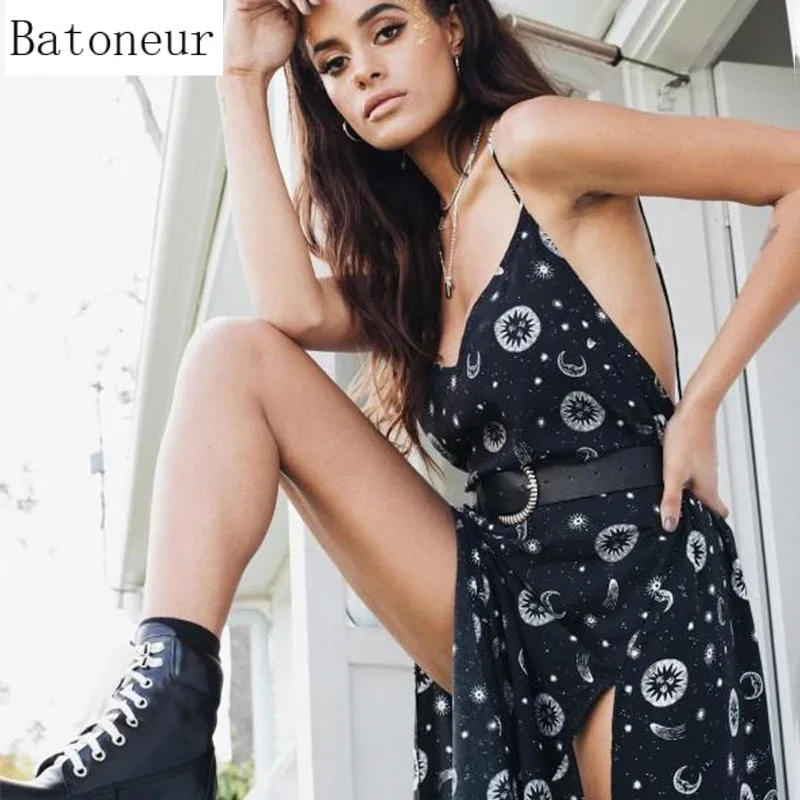 Женское сексуальное платье с v-образным вырезом и принтом на тонких бретельках