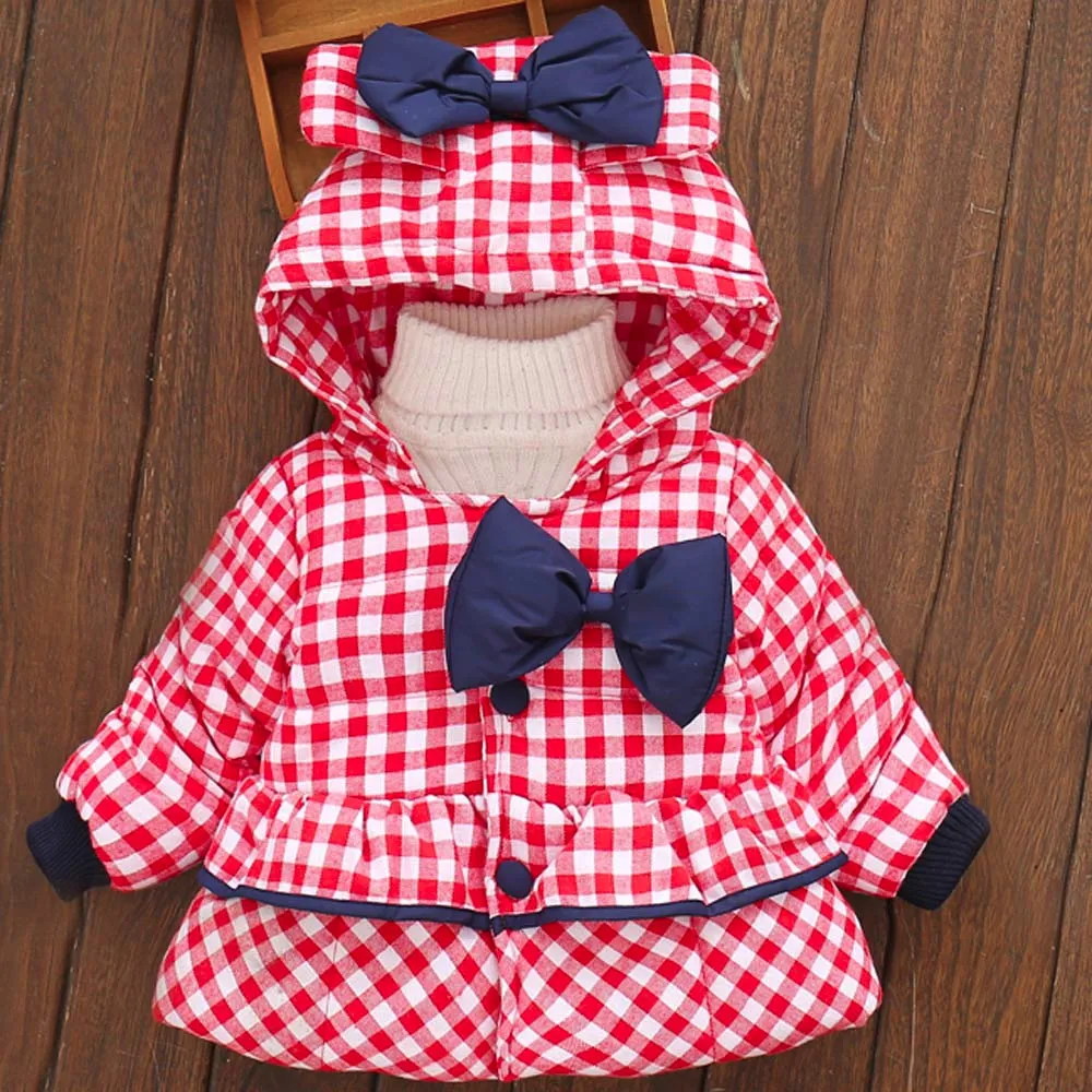 Новые зимние куртки пальто зимнее хлопковое в клетку с капюшоном и бантом для