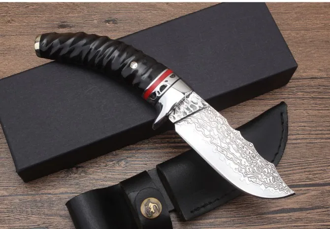 High Quality Damascus Steel Horns Handle Fixed Knives Multi Outdoor Knife Hunting Straight EDC Tools Leather Sheath | Инструменты