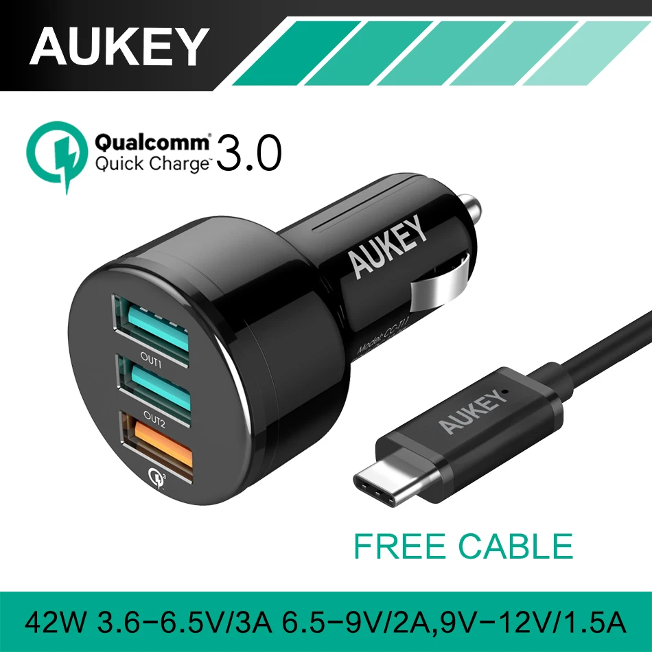 AUKEY для Qualcomm Quick Зарядное устройство 3.0 с USB кабель 3 Порты Mini Автомобильное iPhone 7 iPad