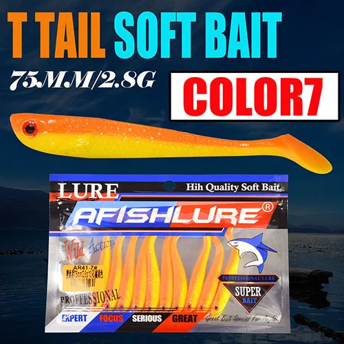 color 7 10 шт./партия рыболовные приманки T Shad 75 мм 2,8 г пластиковая наживка из мягкого материала T Форма Grub Shad Swimbait Искусственный бас-приманка воблеры - Цвет: color 7