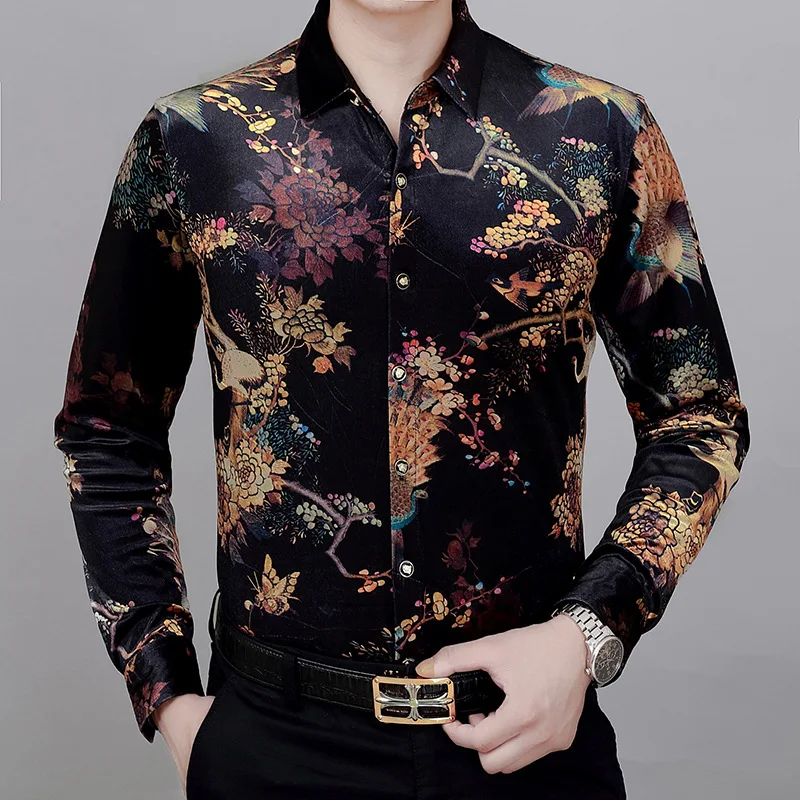 

Chinese style exquisite flowers and birds printing long sleeve shirt Autumn 2018 high-end velvet soft comfortable shirt menM-3XL