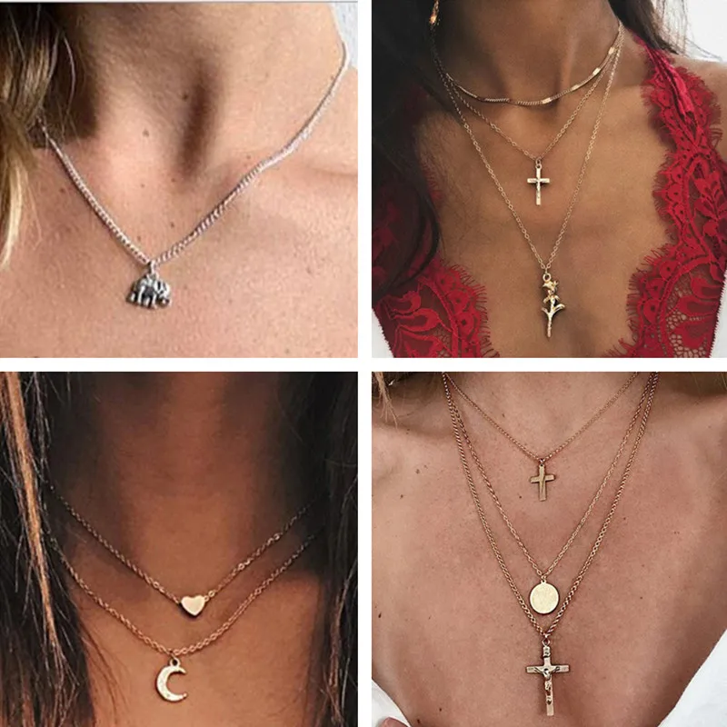 Seblasy винтажная многослойная луна цветок Сердце Имитация жемчуга крест цепь