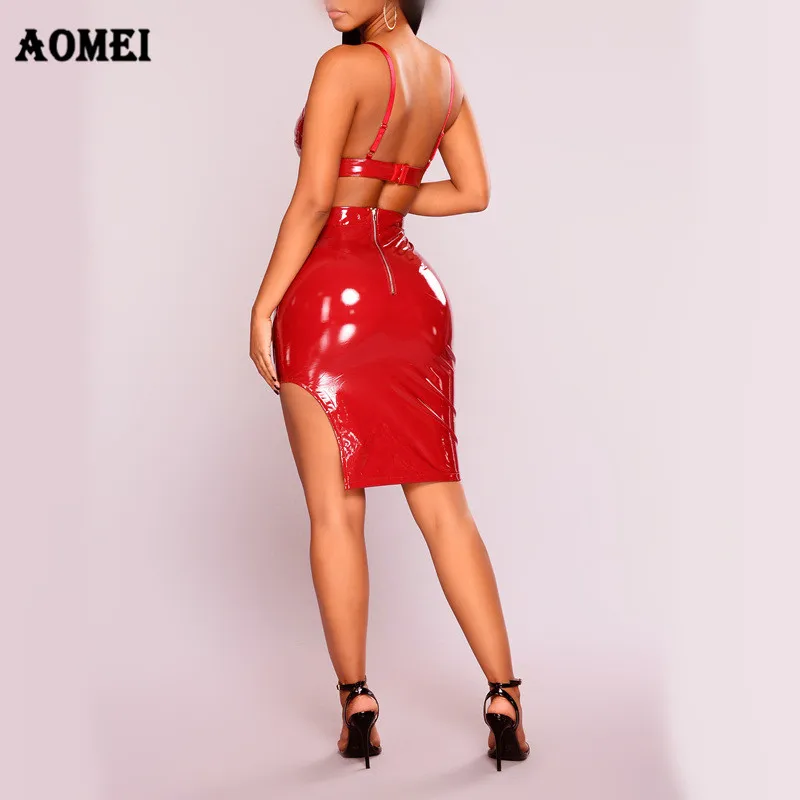 Комплект из 2 предметов женский Сексапильный искусственной кожи с топом и юбкой