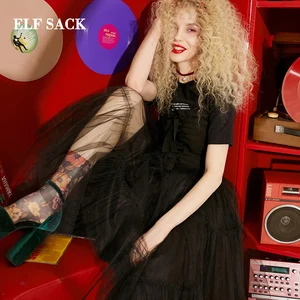 Женский комплект из 2 предметов ELFSACK, элегантное хлопковое платье с круглым вырезом и буквенным принтом, пикантное кружевное платье до середины икры, 2019