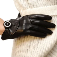 brand genuine leather black gloves fashion women sheepskin gloves autumn winter warm wrist buckle driving glove l078nq 5