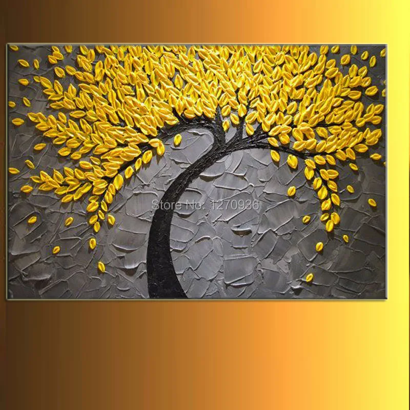 Популярный золотой пейзаж на удачу с золотым деревом ручная роспись ножом желтым