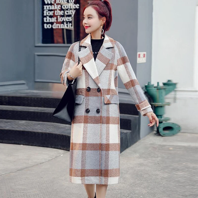 2019 Korean version Women New clothing Winter Wool coat Vintage Double Breasted Long Plaid Woolen Female Warm Overcoat cc43 | Женская