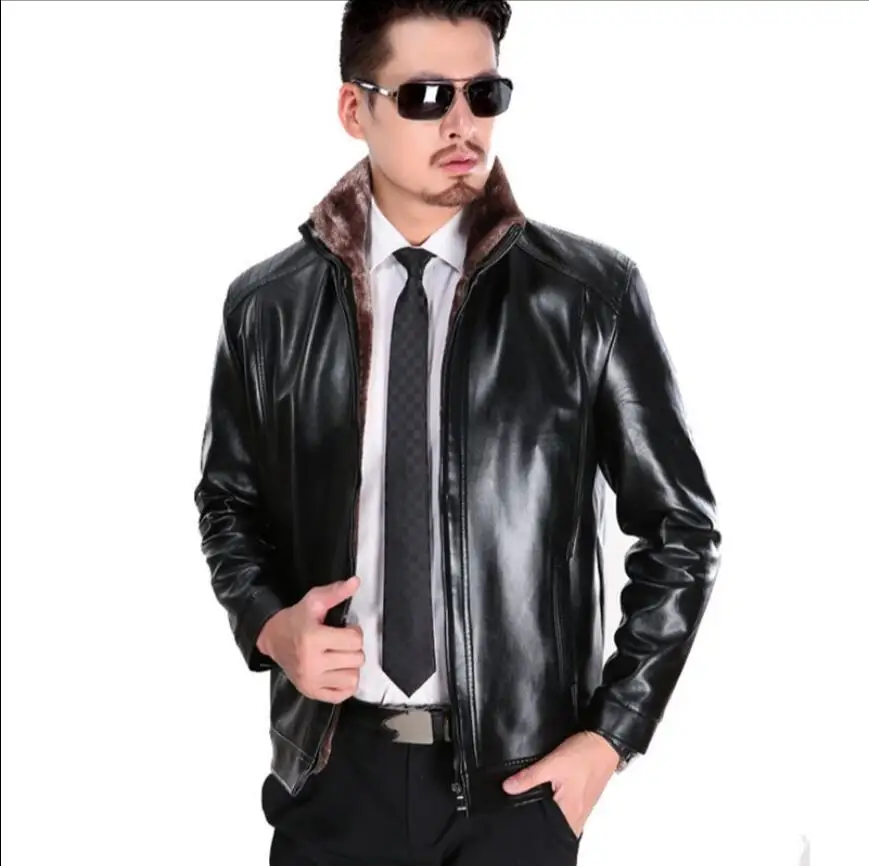 S-3xl Autumn And Winter Men's New Fur Collar One Leather Middle-aged Jacket Sheep Daddy Plus Velvet | Мужская одежда
