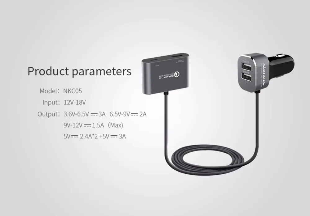 Автомобильное зарядное устройство Nillkin 2 м QC3.0 3 порта USB + типа C для iPhone 6 6s 7 8 Plus X