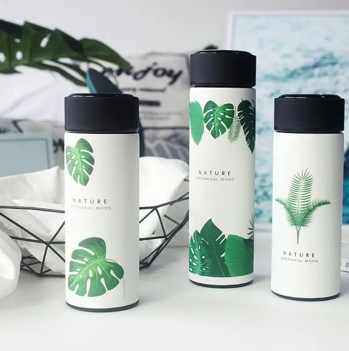 Термос из нержавеющей стали милый переносной термос с зелеными листьями