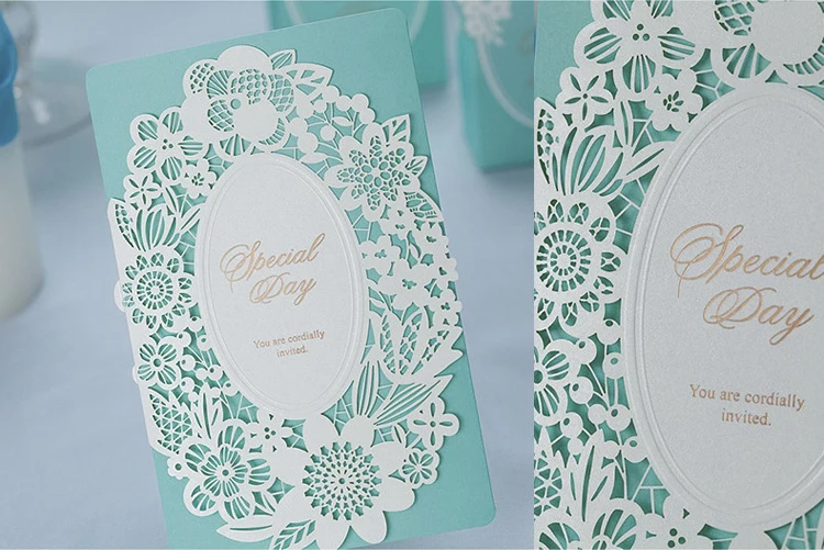 OLOEY Wedding Invitations Card 1pcs Blue Flower Laser Cut Hollow Personal Customized Printing Envelope Party Decoration | Дом и сад