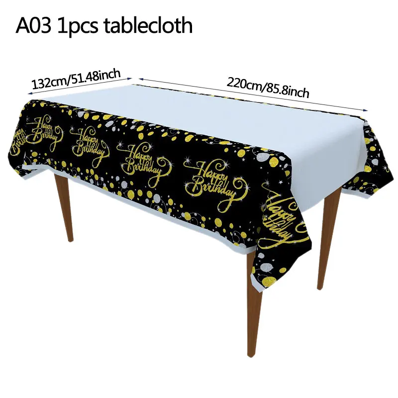 A03 tablecloth 18/21/31/40/50th черный золотой счастливый посуда для вечеринки в честь Дня Рождения наборы скатерть чашки тарелки салфетки Свадебные принадлежности для юбилейной вечеринки - Цвет: A03 tablecloth