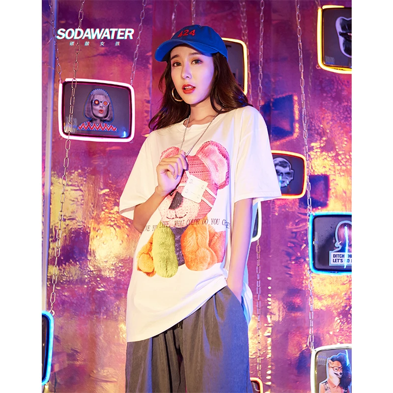 SODAWATER Toy Bear/футболка для девочек с принтом летние футболки Футболка круглым