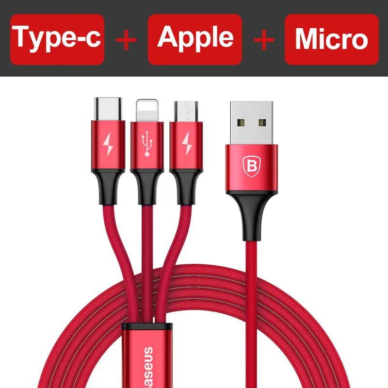 3 in 1 Red Baseus 3 в 1 USB кабель для iPhone samsung Xiaomi мульти Быстрая зарядка микро USB кабель 2 в 1 мобильный телефон usb type C кабель - Цвет: 3 in 1 Red