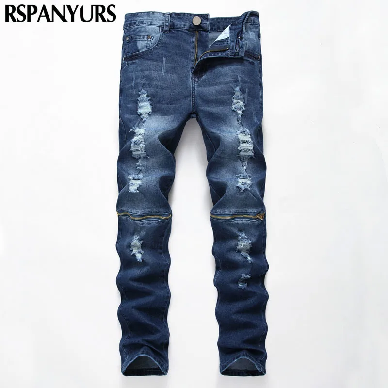 2018 spring and autumn new high street men's character holes zipper blue jeans stretch slacks | Мужская одежда