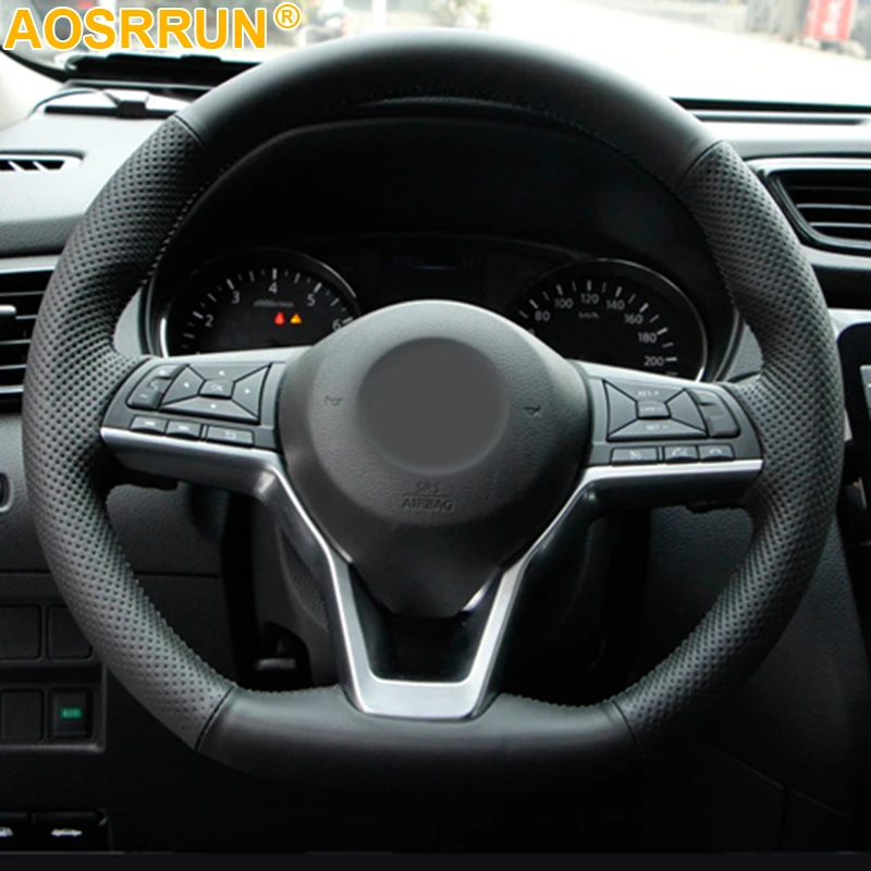 AOSRRUN черный кожаный сшитый вручную чехол рулевого колеса автомобиля для Nissan пинает X-TRAIL марта Rogue Qashqai Serena