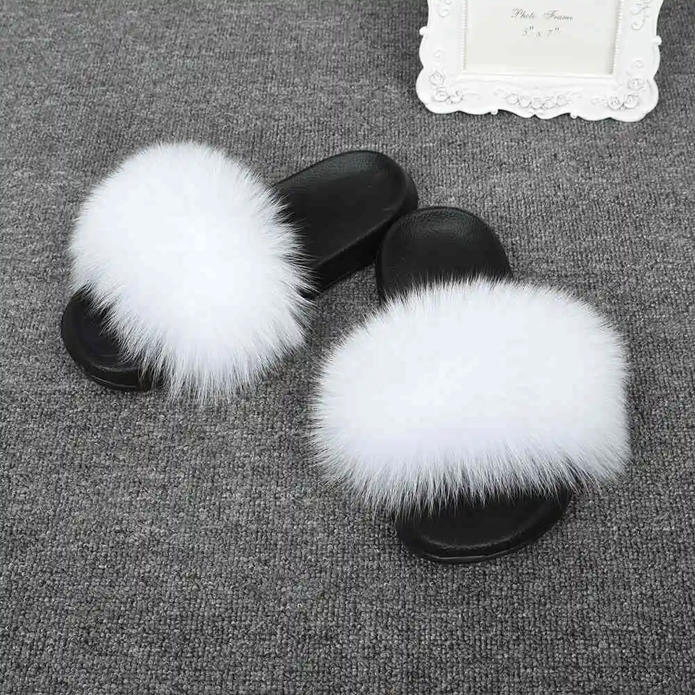 White Jancoco Max/модные шлепанцы с натуральным лисьим мехом; женские шлепанцы; летние пляжные сандалии; Вьетнамки с натуральным мехом; S6043 - Цвет: White