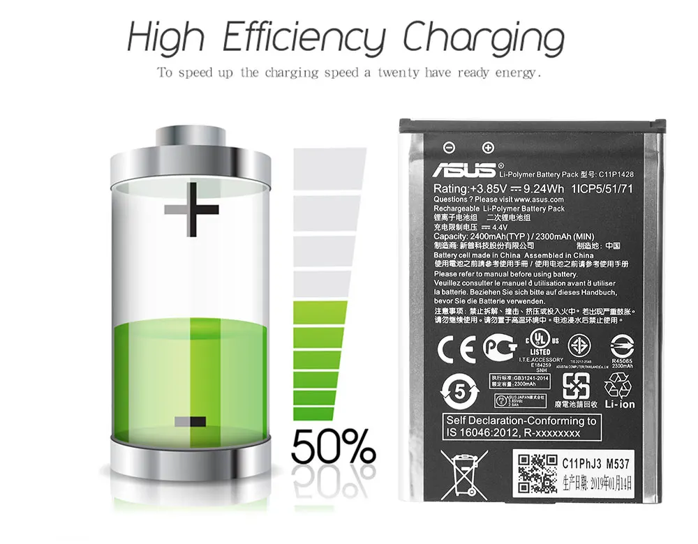 Original ASUS Replacement Phone Battery C11P1428 for Asus ZenFone 2 Laser ZE500KL ZE500KG Z00ED 5" High Capacity 2400mAh+ Tools