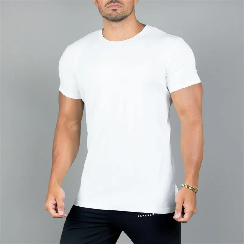 ALPHALETE, Мужская футболка с коротким рукавом для тренажерного зала, для фитнеса, бодибилдинга, тонкие рубашки, одежда, модные повседневные однотонные футболки с круглым вырезом