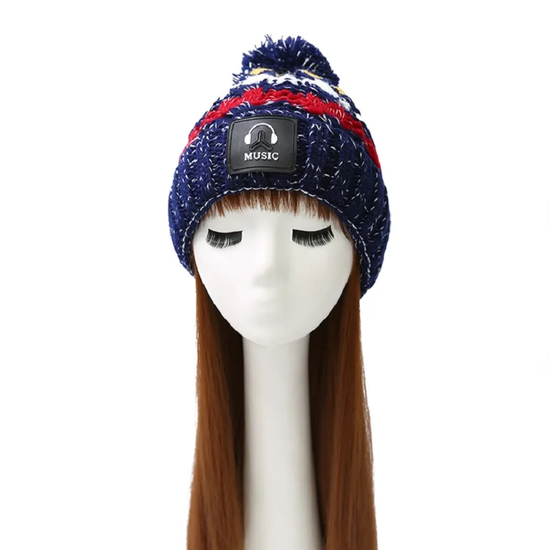 Женская осенне зимняя вязаная шапка бини с меховым помпоном смешная в полоску