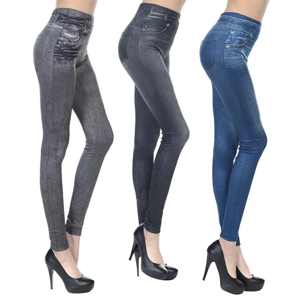Женские облегающие джеггинсы для фитнеса штаны-карандаш с имитацией джинсов и