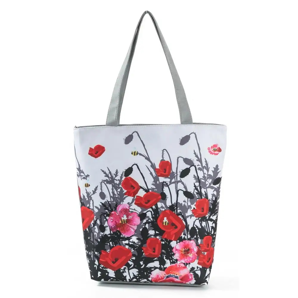 

Floral Printed Handbag Women Shoulder Bag Canvas Summer Beach Bag Daily Use Female Shopping Bag Lady