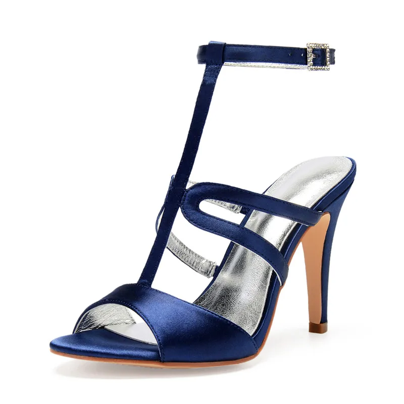 navy blue 1 OnnPnnQ; Высокий каблук; со стразами; Свадебные сандалии Для женщин; Летняя обувь; открытый носок; Пряжка на щиколотке ремешками атласные вечерние сандалии под платье, для вечеринки - Цвет: navy blue 1