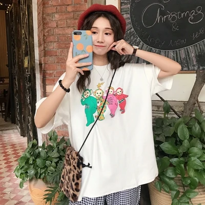 white Женская футболка Ulzzang Kawaii в Корейском стиле, одежда с милым мультяшным принтом, хлопковая Футболка Harajuku, уличная футболка, топы - Цвет: white