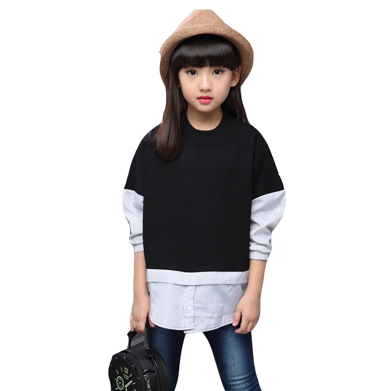 

Teenage Kids Blouses For Girls False Two Piece Tees Long Sleeve Pactches Bottoming Shirts 5 7 9 11 13 14 Years Girls Hoodies