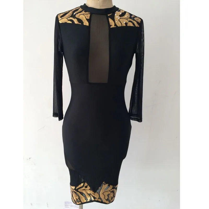 2017 зимнее облегающее платье с длинным рукавом женское круглым вырезом расшитое