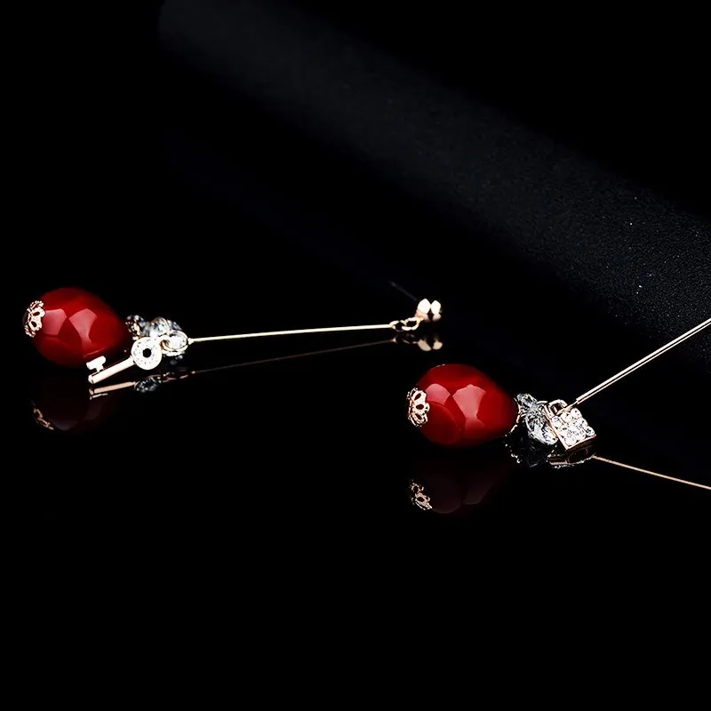 HOT Red Drop Earrings Rose Gold Color Cubic Zirconia Crystal Bride Wedding Jewelry Natural Artificial Coral Women Earring | Украшения и