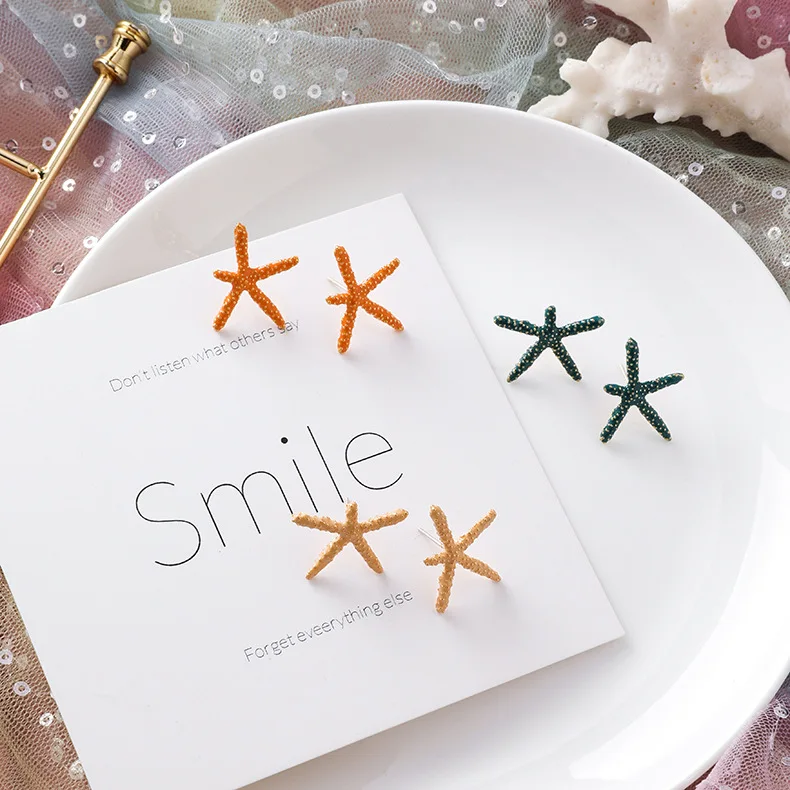 Starfish Stud Earrings Beautiful Sea Stars Earring Bohemian For Women Metal Imitation Marine Life Jewelry | Украшения и