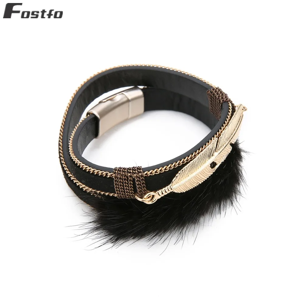 Fostfo 39cm Metal Feather Leather Lady Bracelets Magnetic Buckle Bracelet for Women Bangles Fashion Jewelry | Украшения и