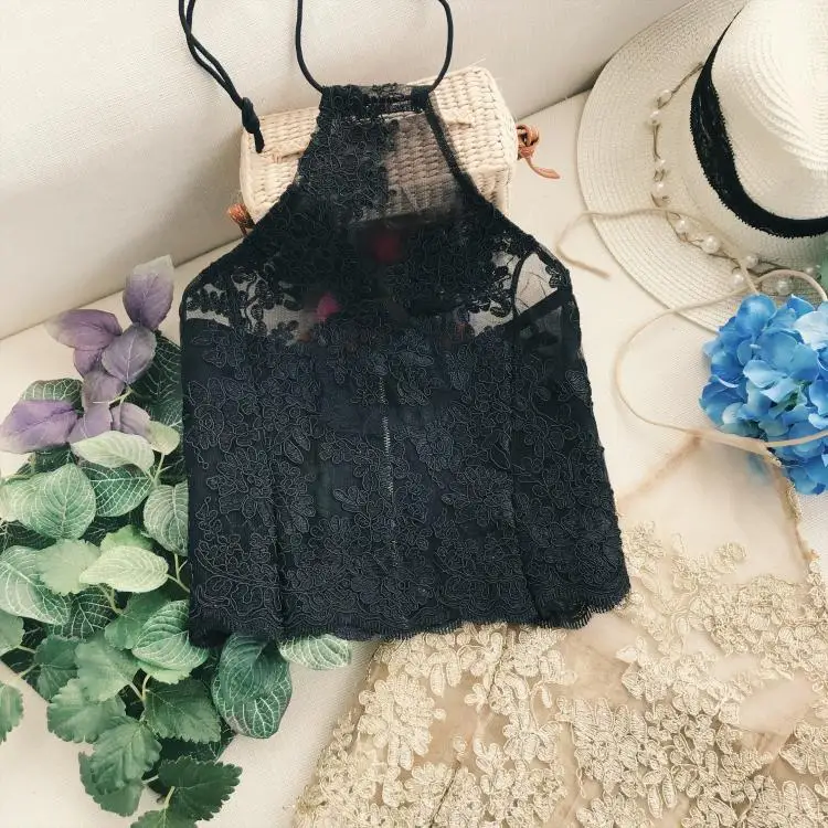 MUMUZI Mesh sheer lace cropped tops sexy halter neck thin vest summer fashion flower crochet spaghetti women | Женская одежда