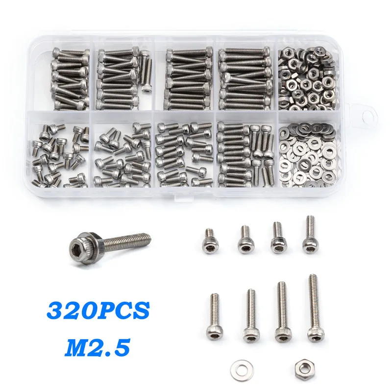 

320Pcs M2.5*4/5/6/8/10/12/14/16 Hexagon Hex Screw Bolt Nut Flat Washer Set 304 Stainless SteelHead Cap Screws Bicycle
