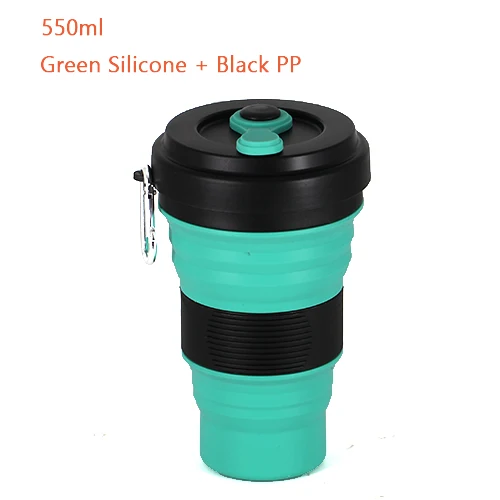 Black Green Дорожная силиконовая кружка, 550 мл, кофейные чашки, без бисфенола, складные, Кремнеземные, походные кружки, портативные, телескопические, для питья, складные, герметичные - Цвет: Black Green
