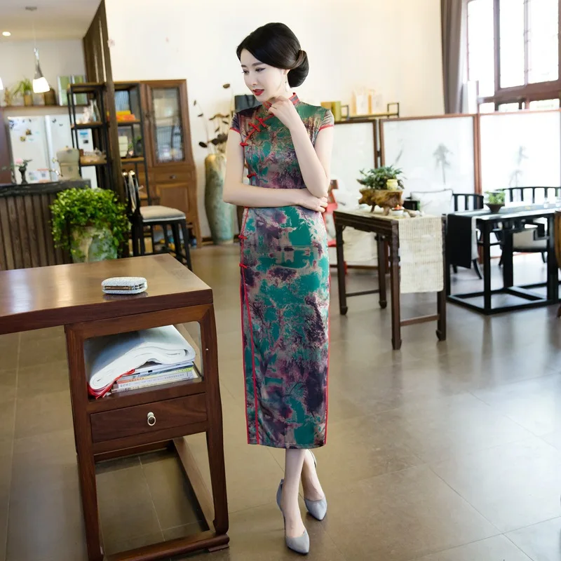 2019 пикантные Длинные Cheongsam в традиционном китайском стиле платье с короткими