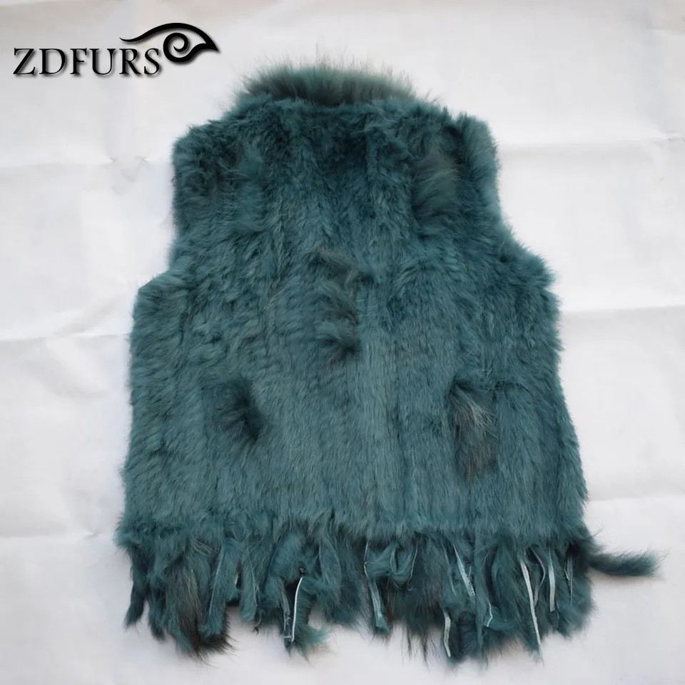 ZDFURS* вязаный жилет из кроличьего меха, меховой воротник из енота, вязаный жилет из кроличьего меха, жилет