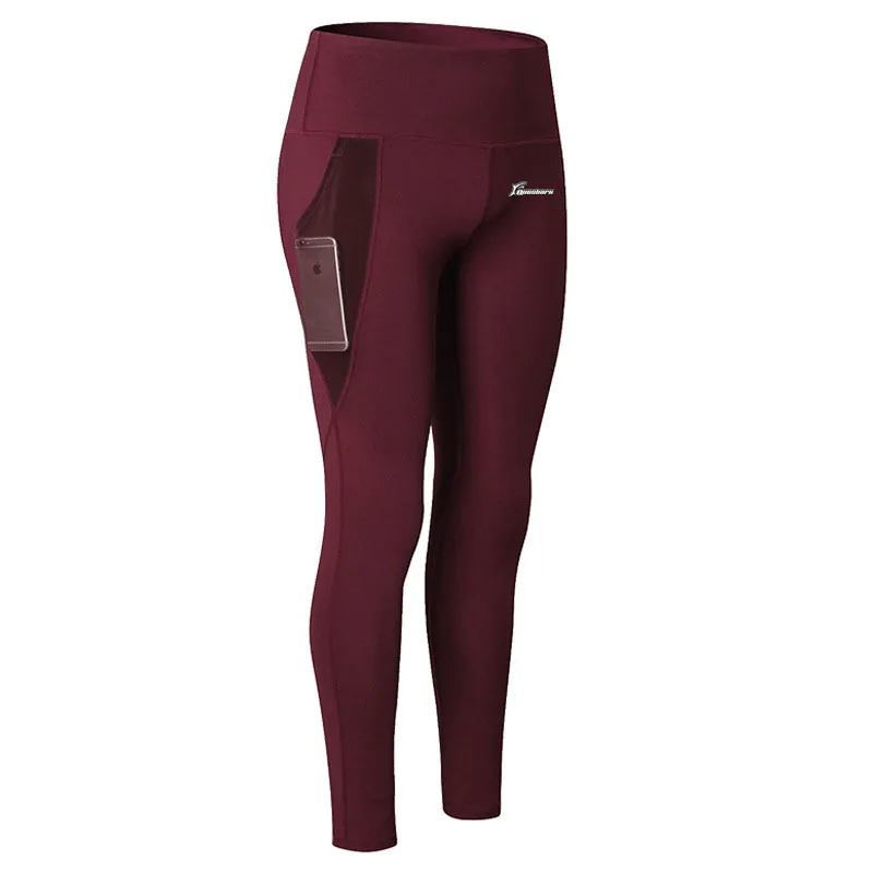 Wine Red Queshark профессиональные женские брюки с высокой талией для йоги быстросохнущие бесшовные Леггинсы эластичные компрессионные штаны с карманом для телефона - Цвет: Wine Red