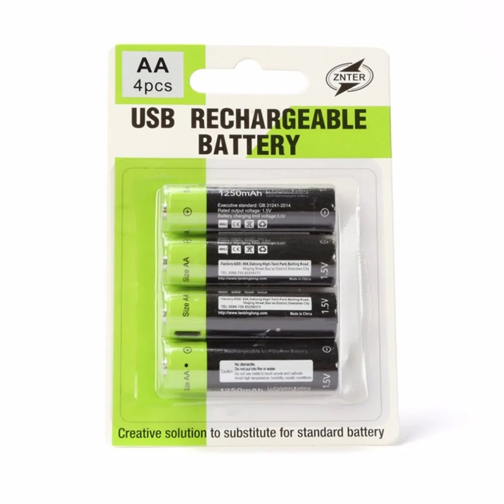 ZNTER 4pcs USB Rechargeable Battery Universal AA 1.5V 1250mAh Lithium Polymer Batteries Charged by Micro Cable | Электроника