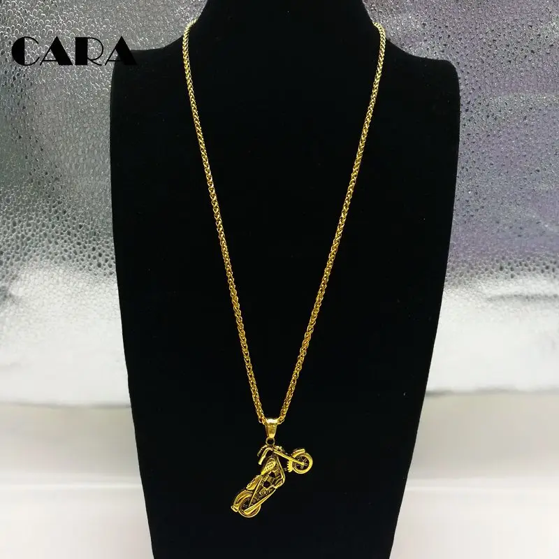 

New Vintage gold color motorbike pendant necklace fashion 316L stainless steel motorcycle biker necklace men CARA0438