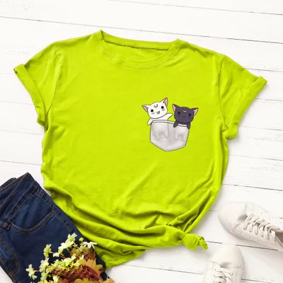 green SINGRAIN/женская футболка с милым рисунком котенка из мультфильма, модные топы с карманом и котом из хлопка, большие размеры, футболка с принтом животных kawaii, Новинка - Цвет: green