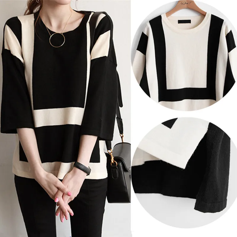 2018 Autumn New Women's Large Size Seven-point Sleeve Shirt Jumper Women Pullover Loose Bottoming Knit Sweater | Женская одежда